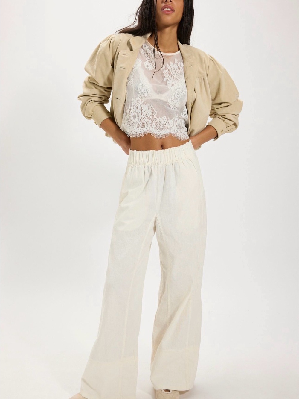 Free People Cream Wide-Leg Elastic Waist Pants